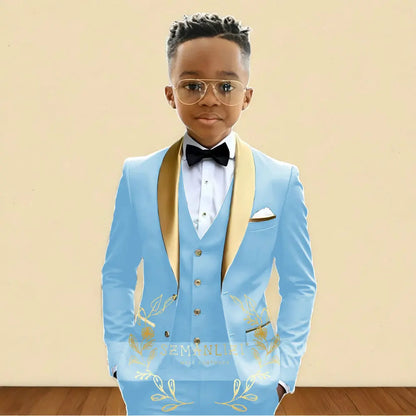 Oil Green Boys Suit 3 Pieces Wedding Tuxedo for Kids Jacket Pants Vest Gold Shawl Lapel Child 2-16 Years Old Customized Outfit