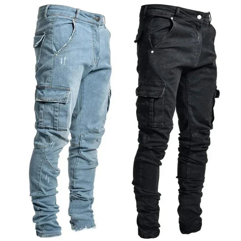 Fashion Solid Color Versatile Jeans Men High Quality Multi Pockets Cargo Denim Trousers Male Classic Mid Waist Narrow Leg Pants