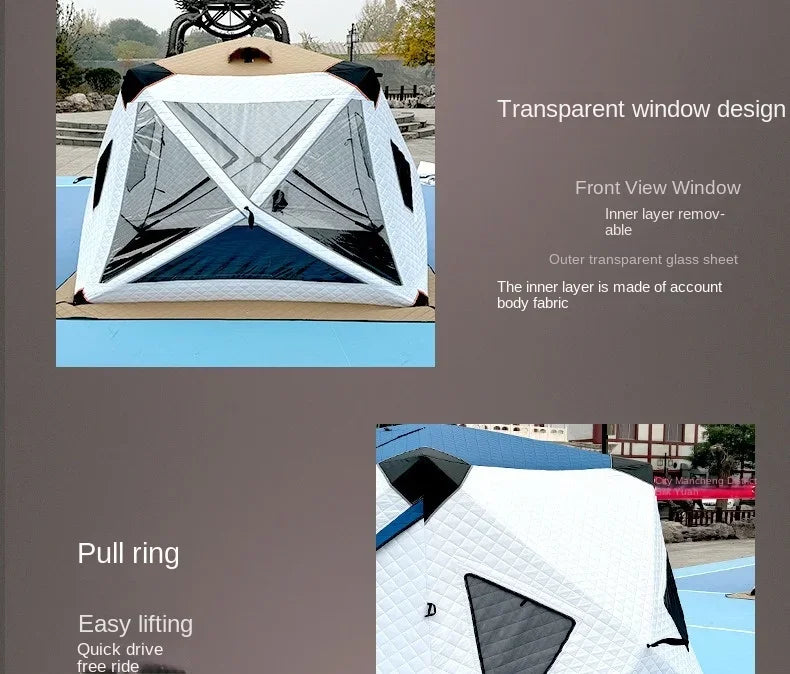 Fully Automatic Winter Ice Fishing Tent with Chimney Hole, Transparent Window, Quick Opening, Portable