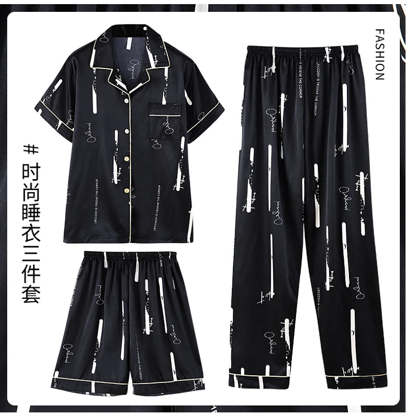 Fashion Summer Autumn 3 Piece Silk Men Pajamas Set Short Sleeve Shorts Oversize Homewear Lapel Collar Loungewear Pijamas for Man