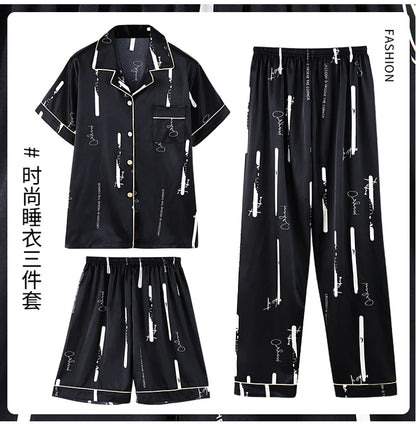 Fashion Summer Autumn 3 Piece Silk Men Pajamas Set Short Sleeve Shorts Oversize Homewear Lapel Collar Loungewear Pijamas for Man