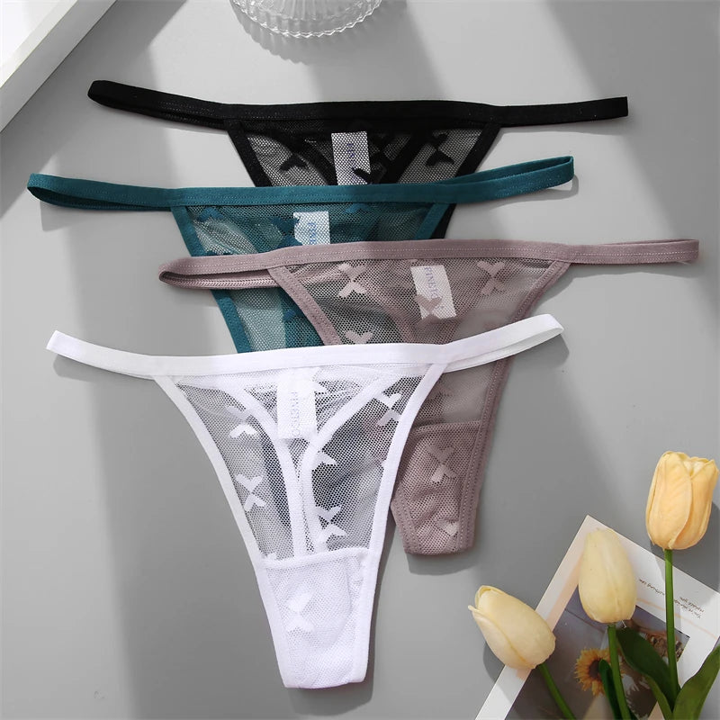 FINETOO Women Sexy Lace Thong Low Waist Hollow Out G-String Female Seamless Transparent T-Back Underwear Solid Intimates Panties