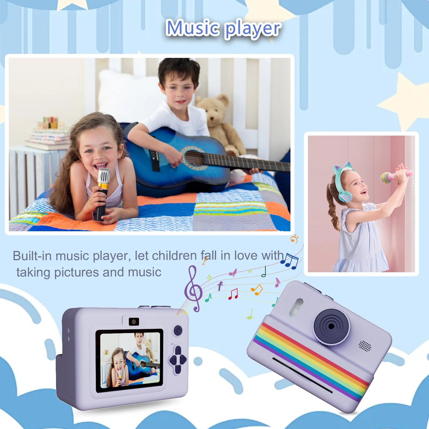 2.8-inch screen instant printing toy camera with 32GB SD card, 3 rolls of printing paper, portable high-definition camera, insta