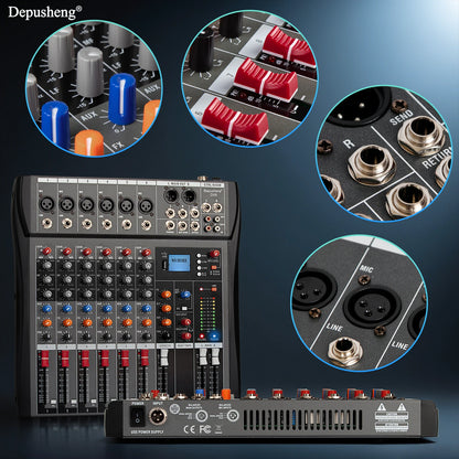 6/8/12/16 Channel Depusheng Audio Mixer Professional  Sound Board DJ Mixing Console System Interface USB MP3 Input Bluetooth 48V