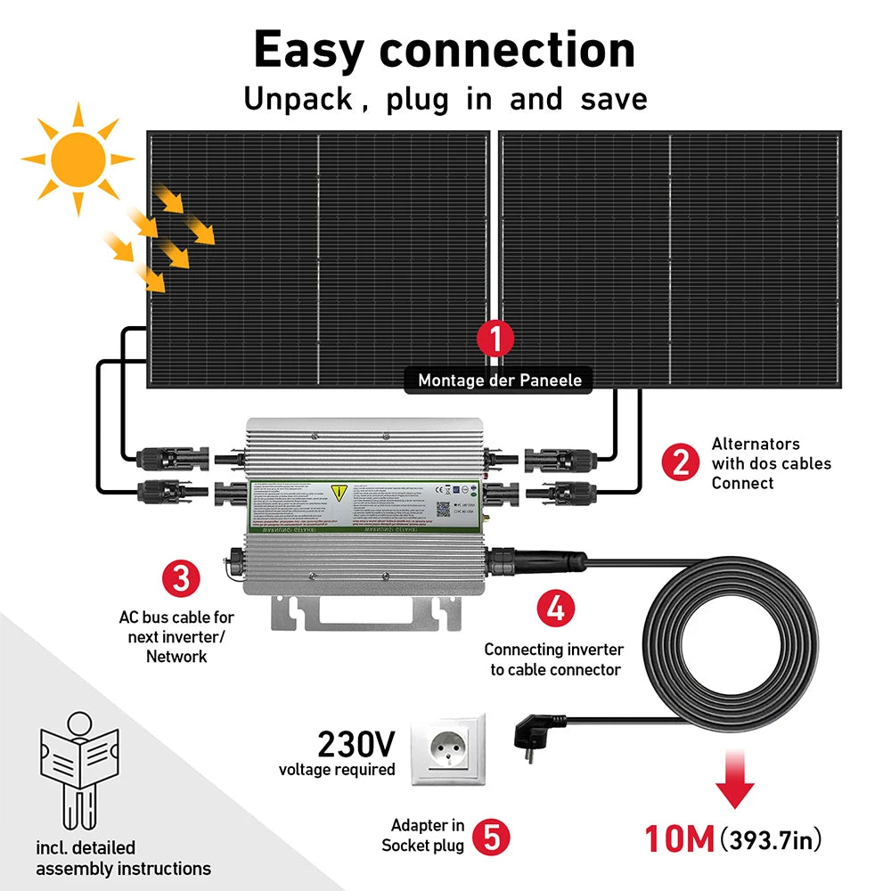 DOKIO Balkongkraftverk 1640W (4×400W DSP-400M) – Monokristallin, Plug & Play, Växelriktare ingår ej, Balkong/Terrass/Villa, EU-lager