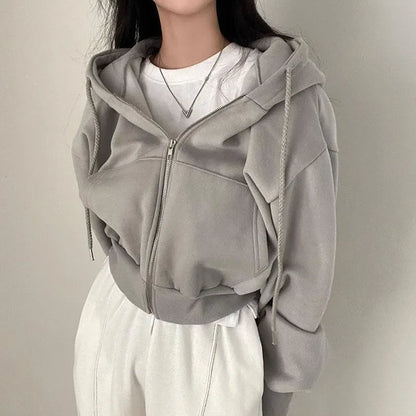 Zippered Long Sleeved Hooded Sweatshirt Loose Casual Simple Trendy Versatile Solid Color Fashionable Lazy Jacket Wholesale
