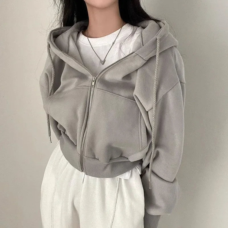 Zippered Long Sleeved Hooded Sweatshirt Loose Casual Simple Trendy Versatile Solid Color Fashionable Lazy Jacket Wholesale