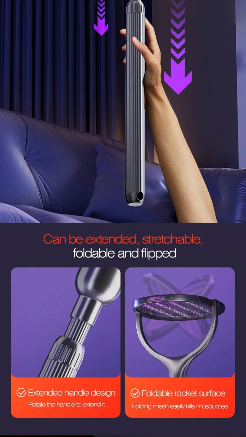 Telescopic Electric Mosquito Swatter & UV Trap Lamp, Extendable 109cm, Safe Physical Killer, Rechargeable, Wall Mount No Gap