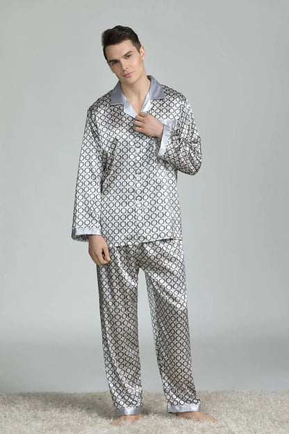 Pyjamasset herr med satinkänsla – långärmad överdel och långbyxor, L–3XL
