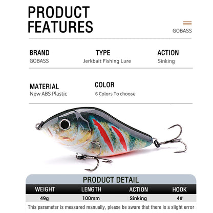GOBASS Slider Jerkbait 6cm/8cm/10cm Slow Sinking Musky Wobbler Pike VIB Hard Bait Crankbait Plastic Fishing Lures Pesca Leurre