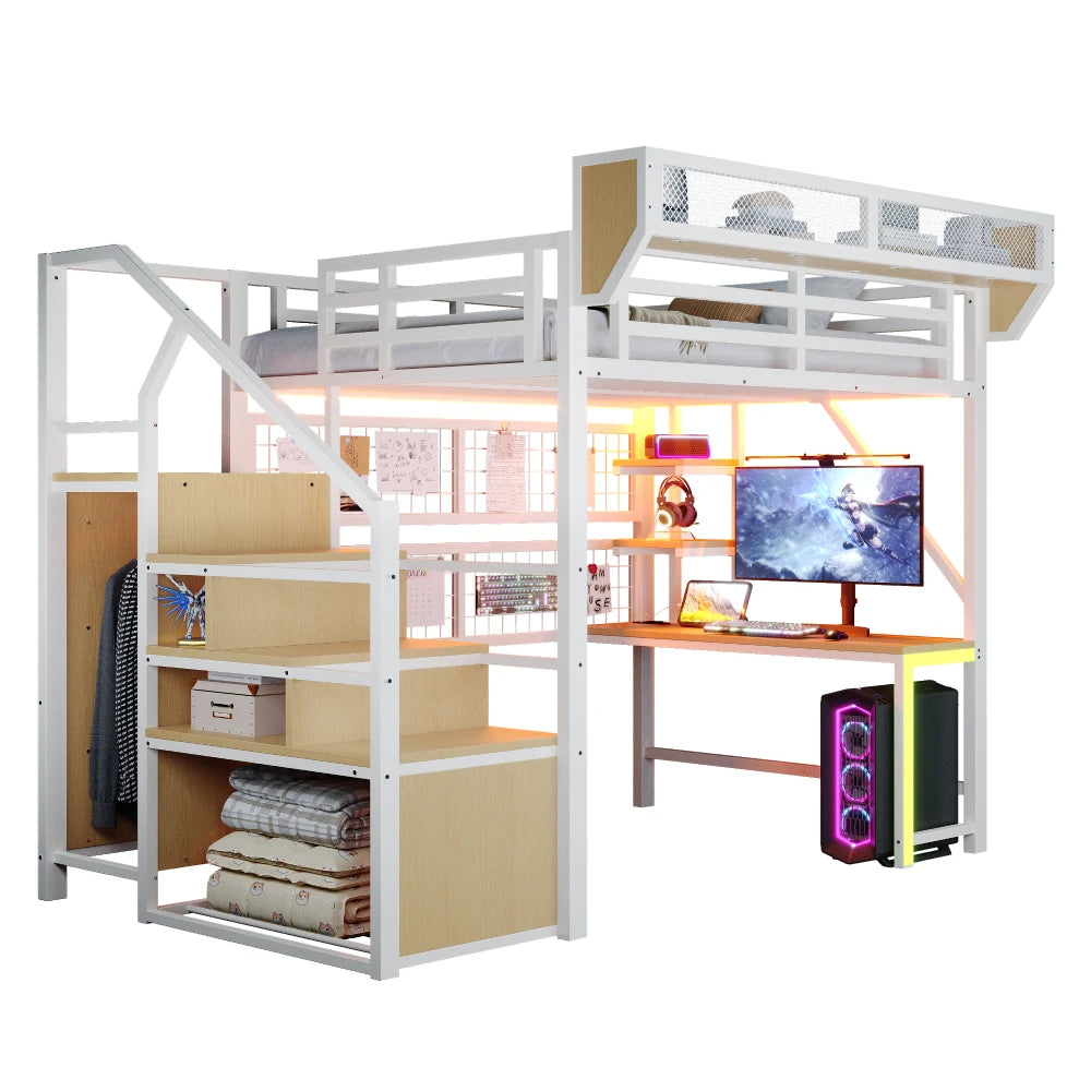 90×200cm & 140*200cm Metal High Bed, with Desk, Shelf and Storage Net, Complete with Safety Ladder, LED Lighting and Socket