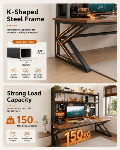 Gaming Desk with Bookshelf and Pegboard Computer Desk with Storage Shelf Home Office Study Desk for Bedroom Small Space