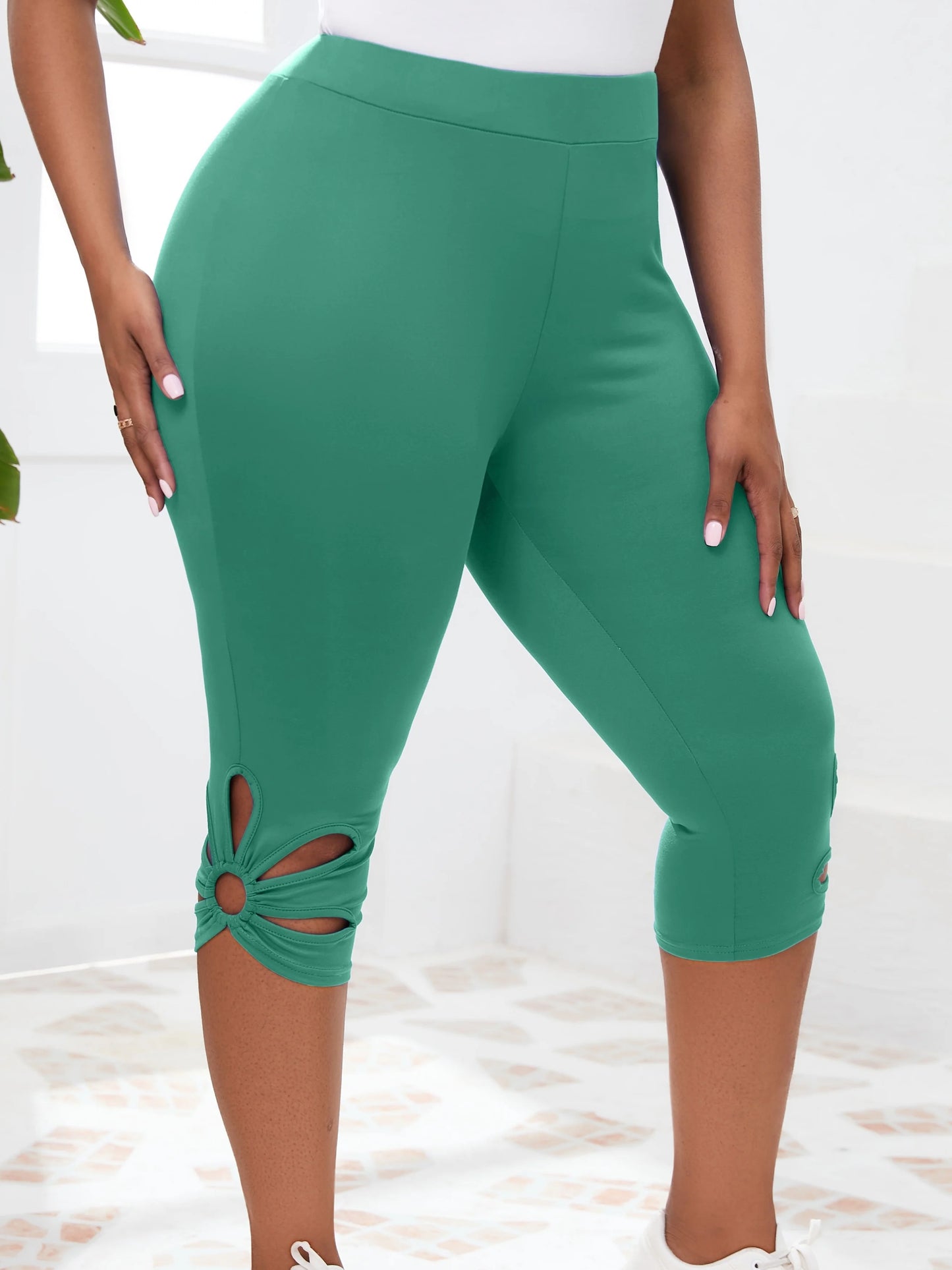 Large size new hollowed out design tight fitting cropped pants with high waist elasticity, slim fit, casual sports leggings