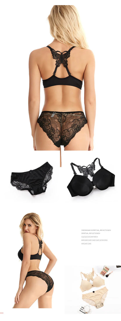 Dam 2-delat Set – Sexig Push-up BH med Knappar & Fjärilsdetalj, 4 Färger