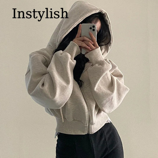 Dam Hoodie med Dragkedja 2026 – Långärmad Lös Casual Sweatshirt med Huva, Solid Färg S–XXL