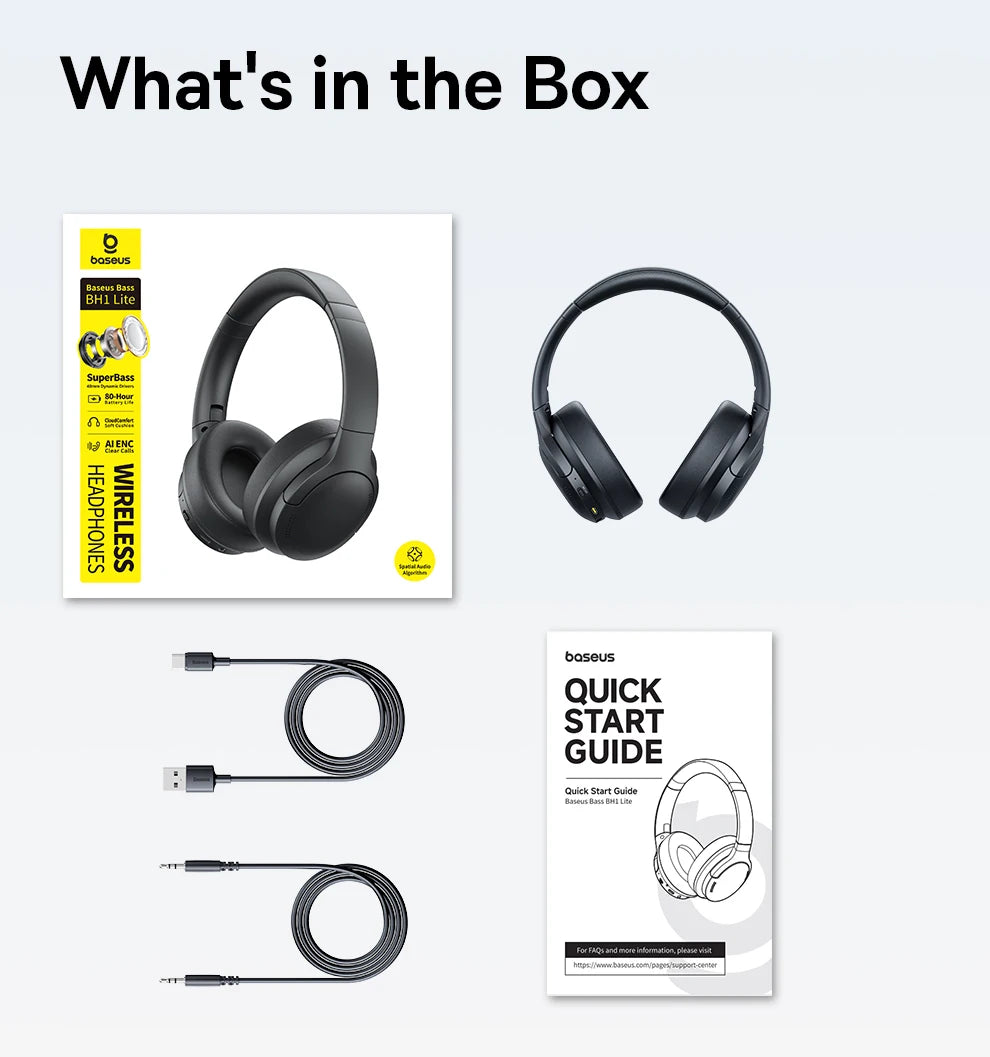 Baseus BH1 Lite Wireless Headphones Bluetooth 6.0 ENC Clear Call Headsets Super Bass Hit Earphones 80H Playtime Over Ear Headset