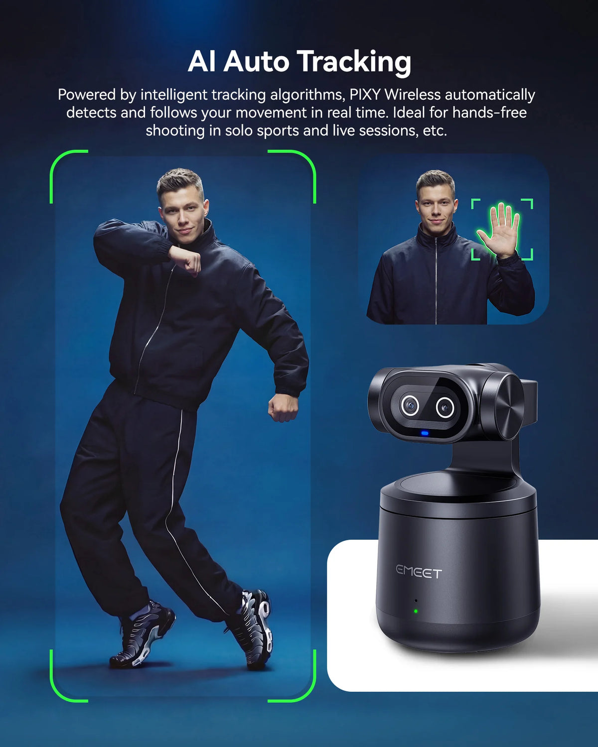 EMEET PIXY Wireless 4K Webcam Dual-Lens AI Tracking PTZ Streaming Camera Gesture Control HDR Live Streaming for YouTube/Facebook