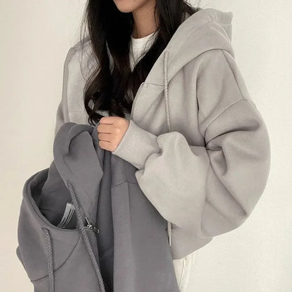 Zippered Long Sleeved Hooded Sweatshirt Loose Casual Simple Trendy Versatile Solid Color Fashionable Lazy Jacket Wholesale
