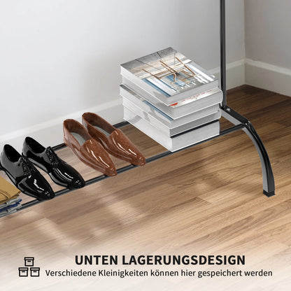 Klädställning i metall med klädstång, sidokrokar och hyllförvaring