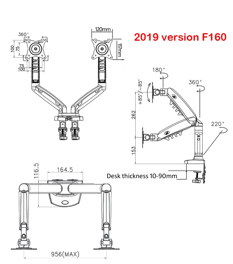New NB F160 Gas Spring Desktop 17'-27' Dual Monitor Holder Arm With 2 USB3.0 Monitor Mount Bracket Load 2-9 Kg Each Arm