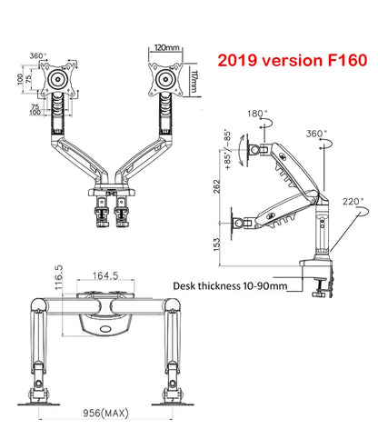 New NB F160 Gas Spring Desktop 17'-27' Dual Monitor Holder Arm With 2 USB3.0 Monitor Mount Bracket Load 2-9 Kg Each Arm
