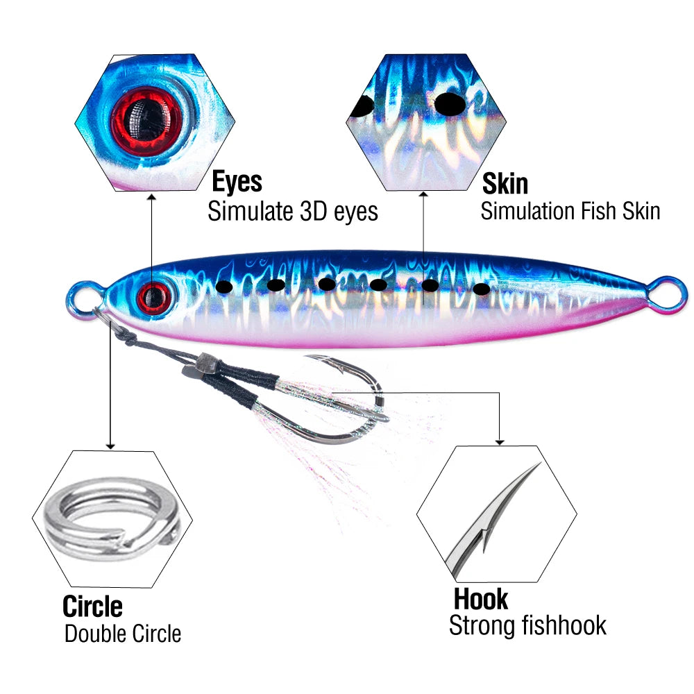 6Pcs Metal Jigging Lure 10-100g Slow Sinking Casting Bait 3D Eyes Luminous with Assist Hooks for Sea Fishing