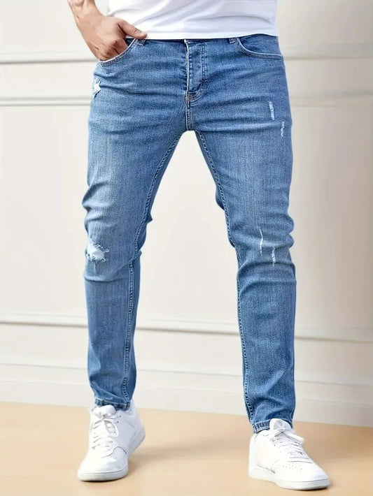 Slim fit-jeans för herr – elastiska med slitningar, streetwear-stil