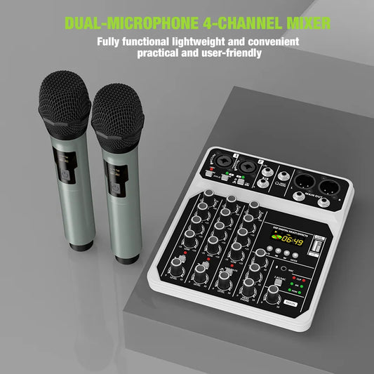 GK-23 fyrkanalig ljudmixer med trådlöst mikrofonkit, Bluetooth och USB