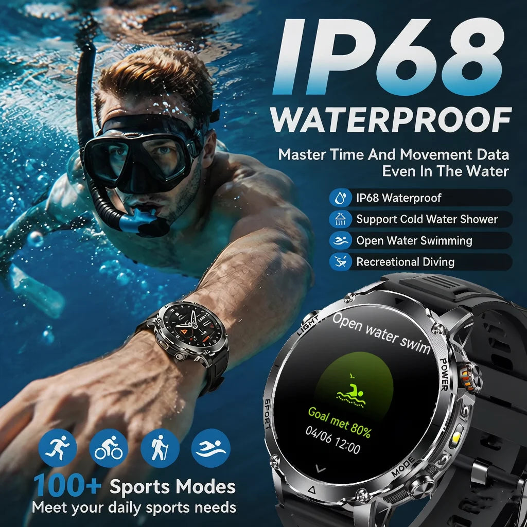2026 1400mAh Big Battery Smart Watch Men Outdoor GPS Flashlight IP68 Waterproof Bluetooth Call AMOLED Military Sports Smartwatch