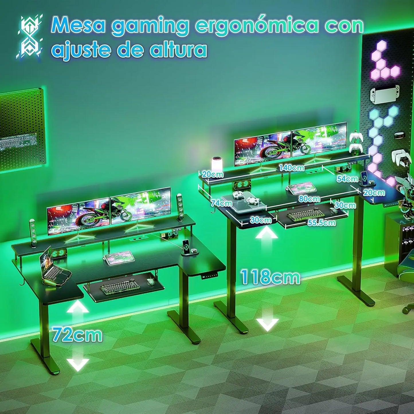 Offigo U Shape Elevating Desk Table, 140cm Electric Elevating Desk with Monitor Stand, USB Plugs and Charging, Standing Desk with Led, Table for Gaming Computer and Office, Black