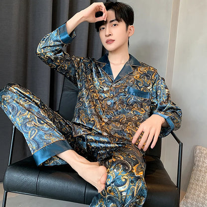 Herr Silk Satin Pyjamas 2-delad – Långärmad Topp & Byxor Tryckt Mönster, Svart/Röd/Marinblå