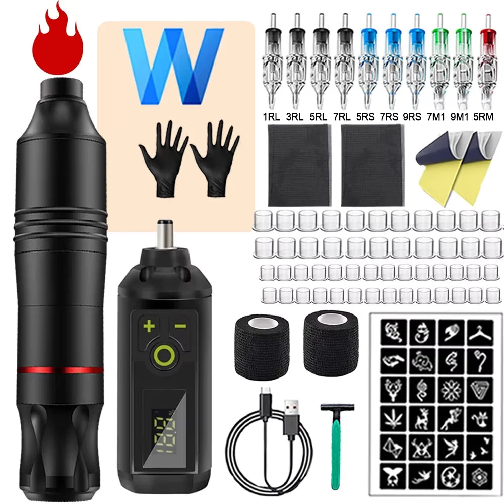 Wireless Tattoo Kit Rotary Tattoo Pen Machine 1200mAh Mini Battery Cartridge Needles Ink Set Permanent Makeup Tattoo Kits