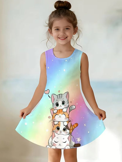 Girl Clothes Cartoon Cat Graphic Printed Girls' Princess Dress Summer Casual Dress for Girls Outfit O-Neck Birthday Gift Clothes