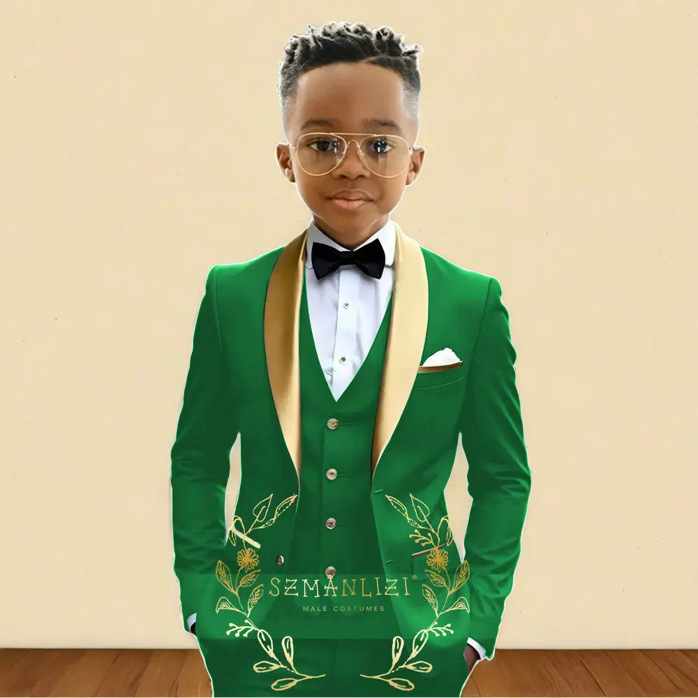 Oil Green Boys Suit 3 Pieces Wedding Tuxedo for Kids Jacket Pants Vest Gold Shawl Lapel Child 2-16 Years Old Customized Outfit