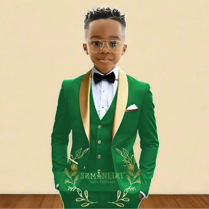 Oil Green Boys Suit 3 Pieces Wedding Tuxedo for Kids Jacket Pants Vest Gold Shawl Lapel Child 2-16 Years Old Customized Outfit