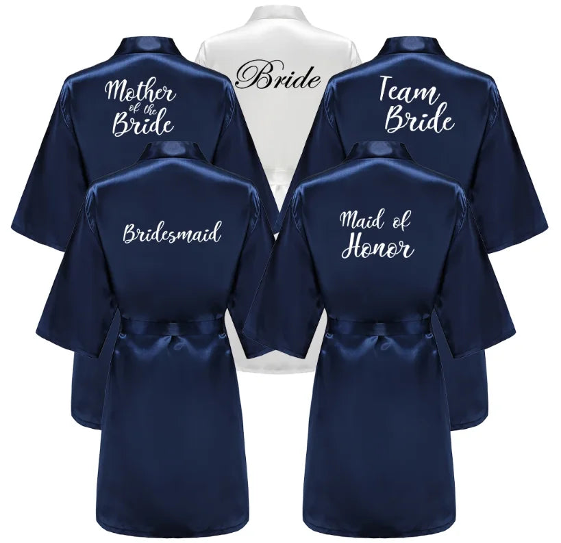 Satin Silk Robes Plus Size Wedding Bathrobe Bride Bridesmaid Mother Maid of Honor Gown Women Clothing Sleepwear Navy Blue