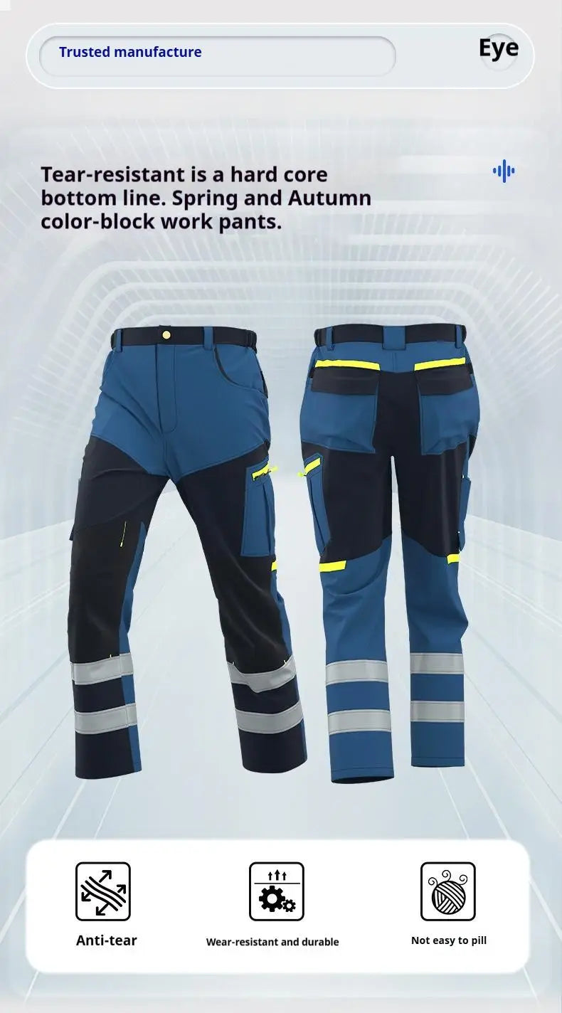 Spring Autumn Multi Pocket Men's Work Pants Wear Resistant Workshop Factory Construction Workers Clothes Reflective Strip Pants