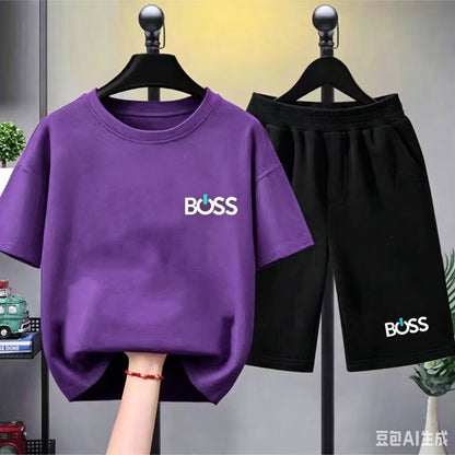 Child T-shirt Summer Short Sleeve Print Children Age 3-12 Girls boy Set white black Tshirt+Shorts 2pcs leisure fashion Kids Set