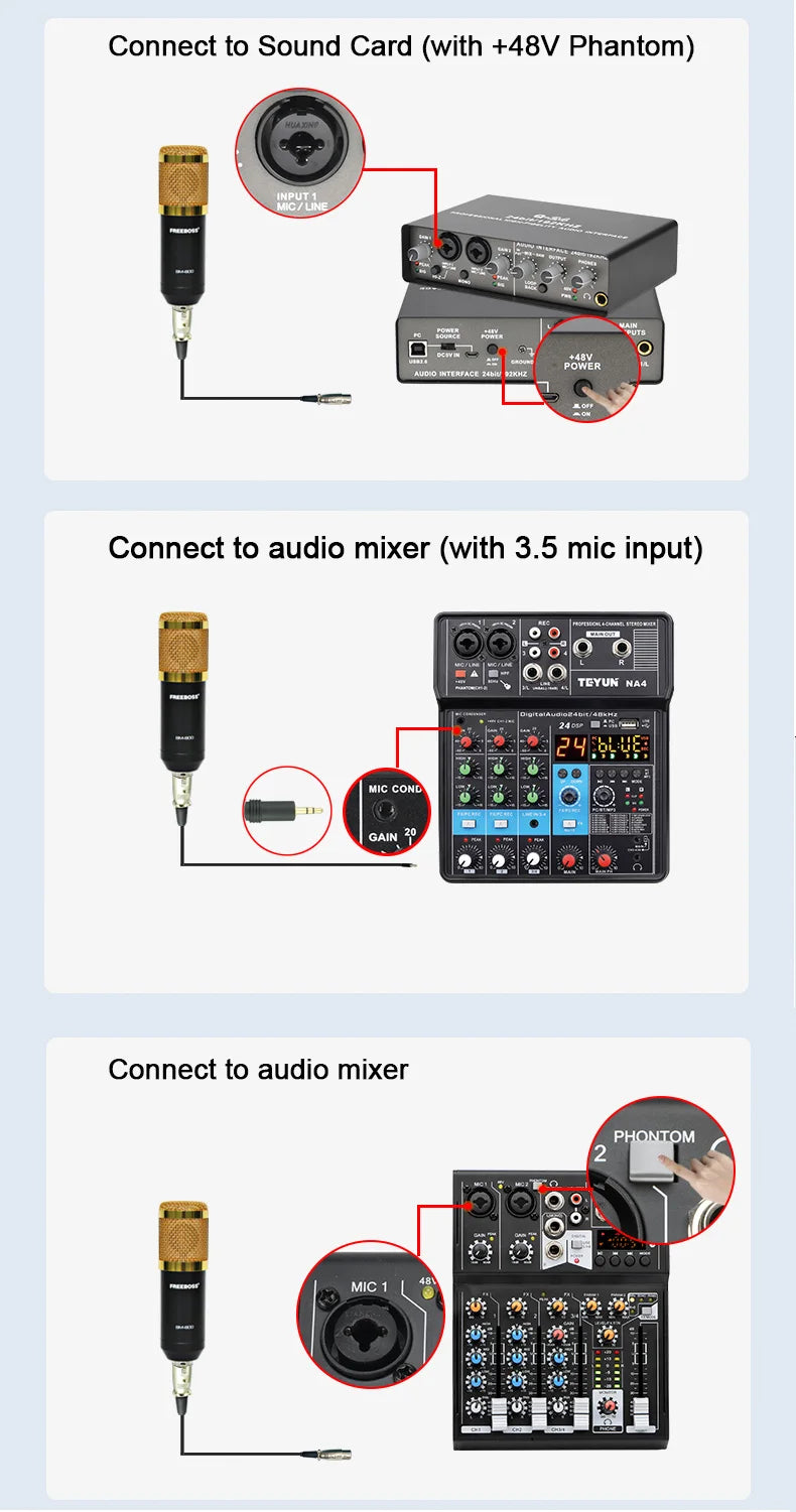 Freeboss BM-800 Kondensatormikrofon-kit med arm och stöttålig fäste för dator