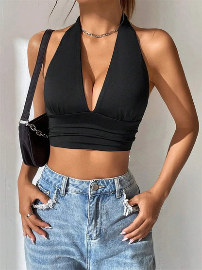 Dam Halter Crop Top Backless – Djup V-ringning, Y2K Streetwear Sommar, 3 Färger