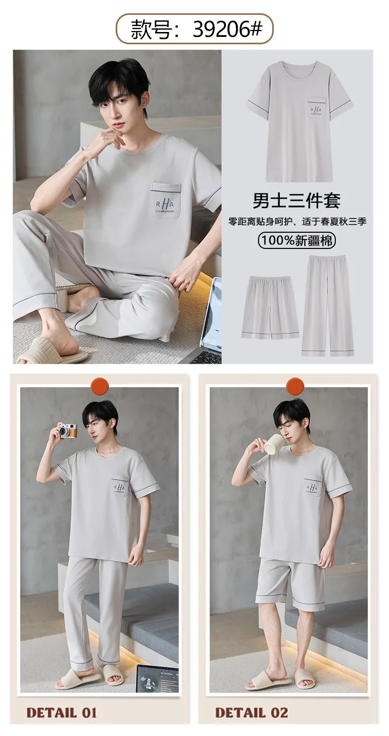 Short Sleeves & Shorts & Long Pant 3Pcs/set Cotton Nightwear for Men Summer Breathable Casual Sleepwear Male Loungewear Hombre