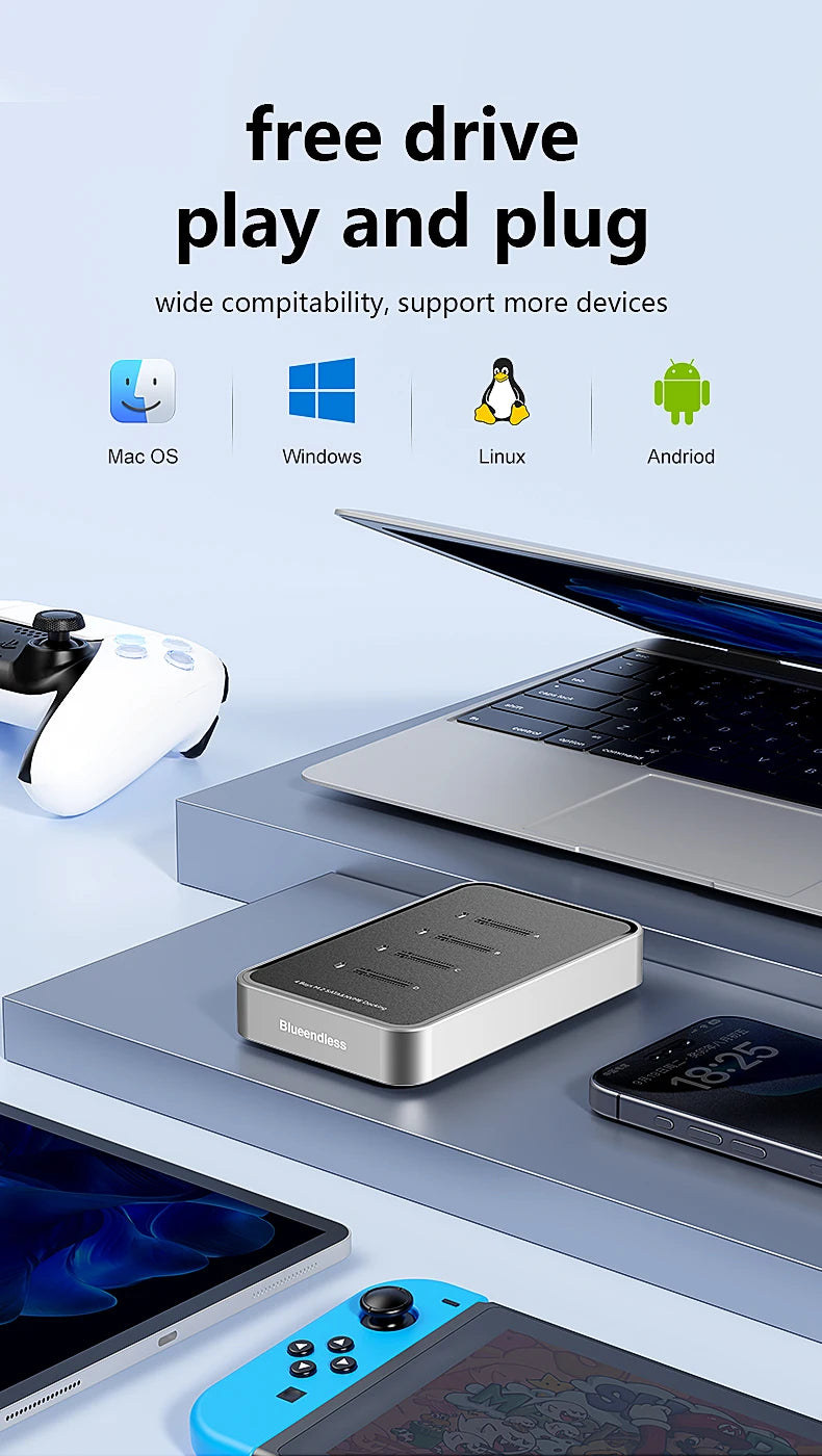 Blueendless 4 Bay M.2 NVMe/SATA SSD Docking Station Type C USB3.1 10Gbps M2 NVMe PCIe SATA NGFF Dual Protocol Aluminum SSD Case
