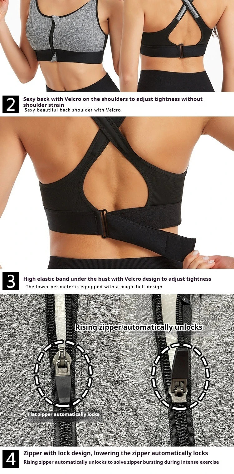 Women High Impact Shockproof Sports Bra Front Zip Adjustable Shoulder Straps Back Support Yoga Running Fitness Bralette