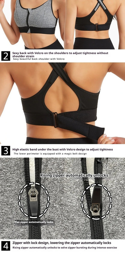 Women High Impact Shockproof Sports Bra Front Zip Adjustable Shoulder Straps Back Support Yoga Running Fitness Bralette