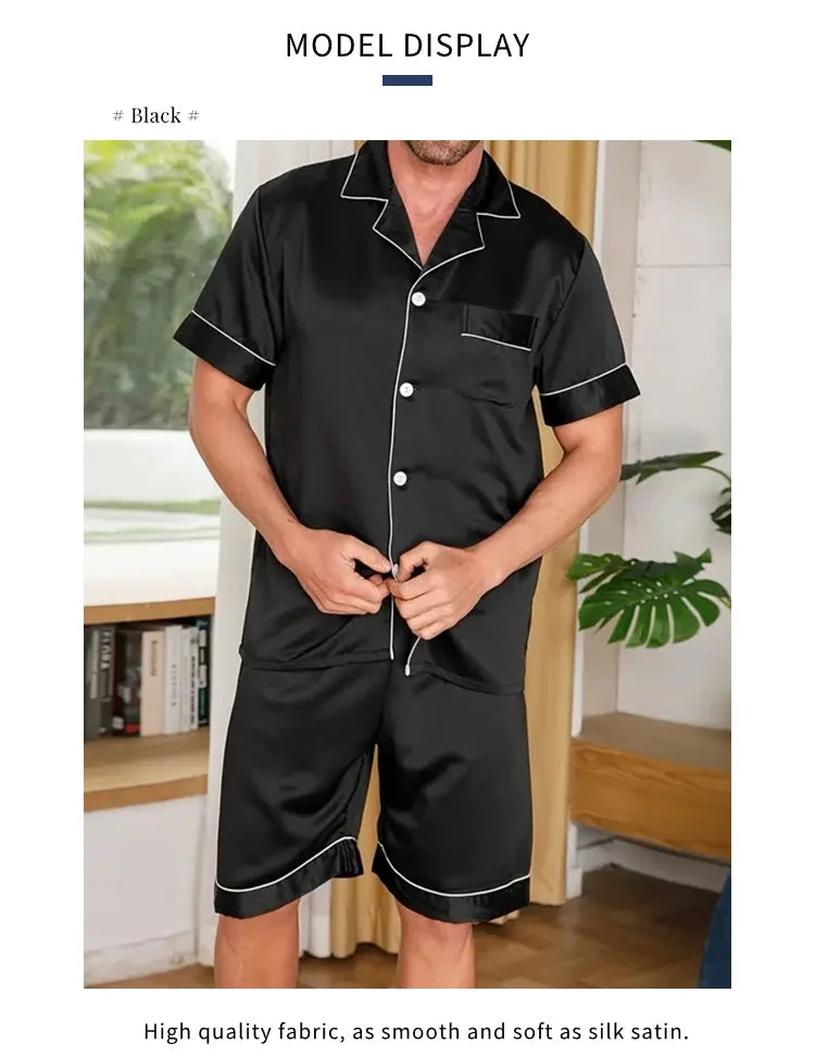 Pyjamasset herr med satinkänsla – kortärmad skjorta och shorts, S–XL