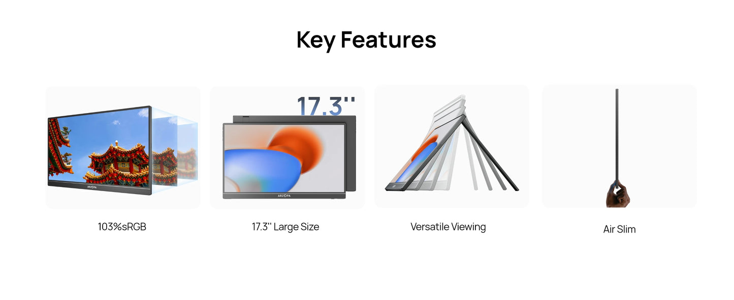 ARZOPA A1M Portabel Skärm 17,3" 1080P IPS – 100% sRGB HDR10 60Hz Inbyggt Stativ Dubbla Högtalare Aluminium USB-C HDMI
