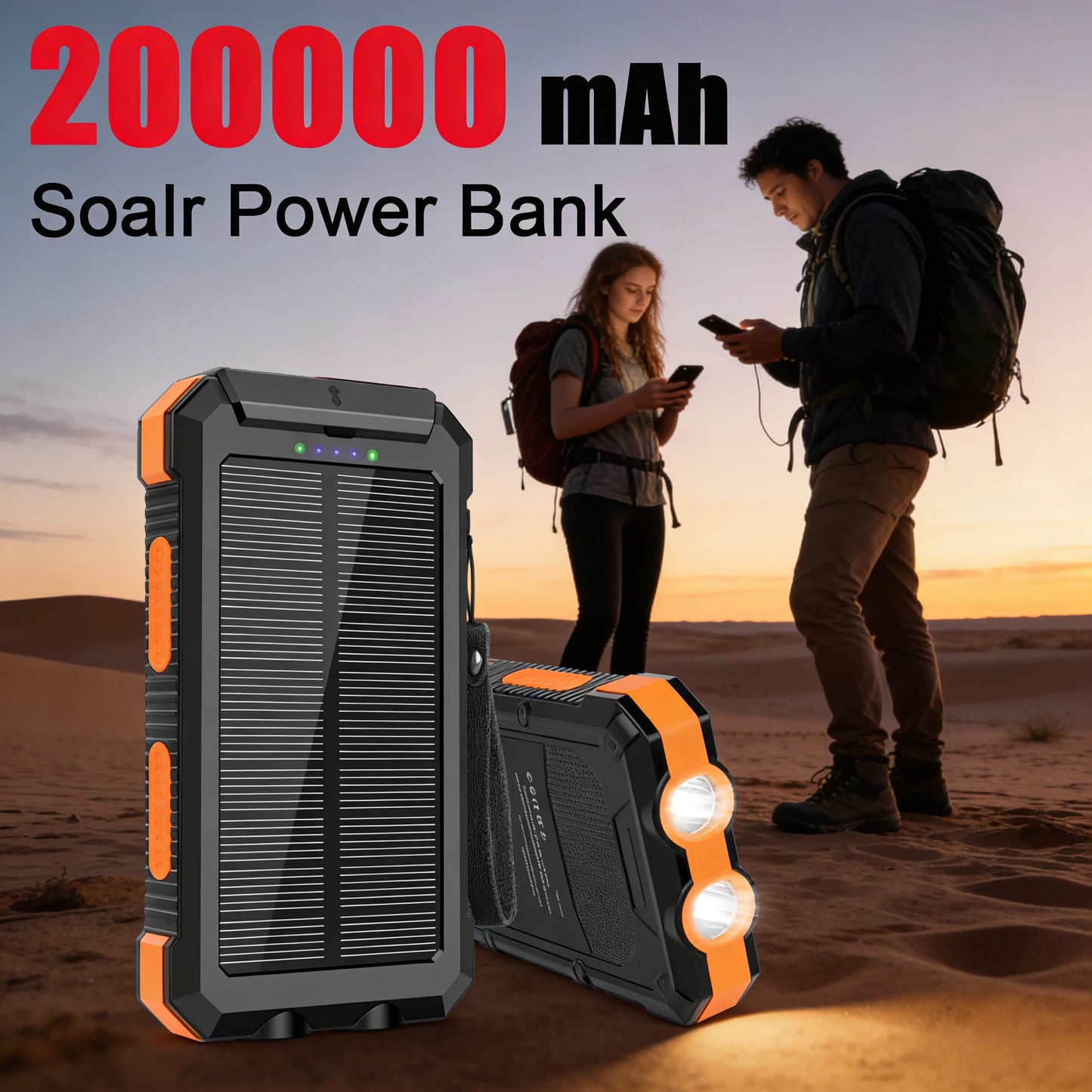 2026 New 200000mAh High Capacity Solar Power Bank Fast Charging USB-A/USB-C for IOS Android Portable Charger