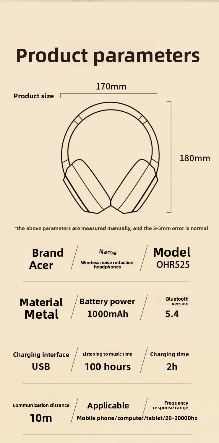 Acer OHR525 Bluetooth Headset ANC – Aktiv Brusreducering -48dB ENC 128h Batteritid 1000mAh USB-C Hopfällbar CE Beige Svart