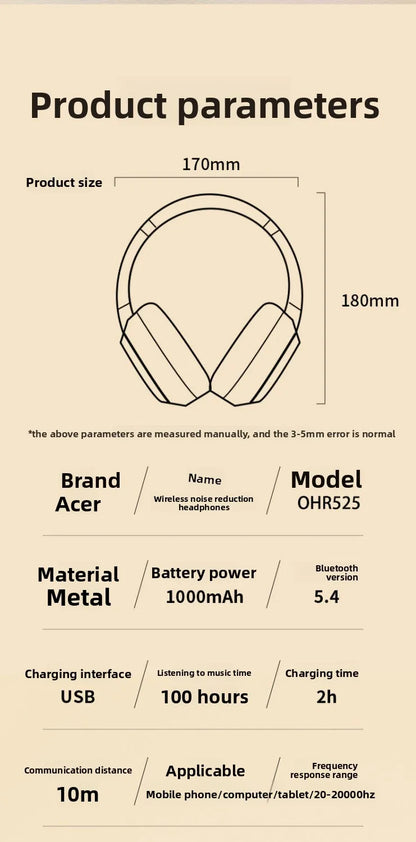 Acer OHR525 Bluetooth Headset ANC – Aktiv Brusreducering -48dB ENC 128h Batteritid 1000mAh USB-C Hopfällbar CE Beige Svart