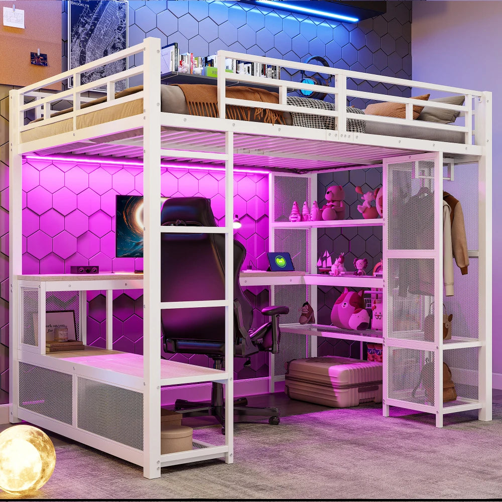 140x200cm Metal High Bed with Storage and Open Wardrobe, Kids Bedroom Bed with USB Connector and LED Lighting, Black/white